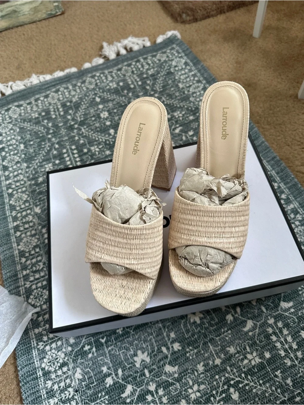 Larroude Natural Raffia Platform Block Heel Slides